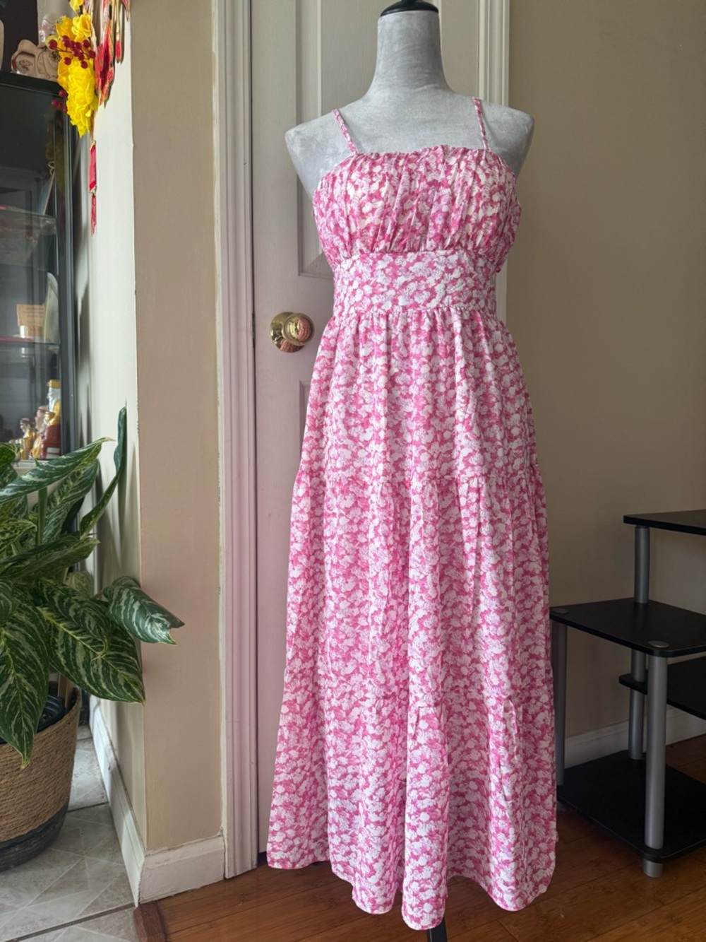 Pink Floral Maxi Sundress with Smocked Waist
